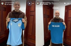 Frei Gilson é presenteado com camisa da Portuguesa