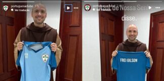 Frei Gilson posa com camisa da Portuguesa